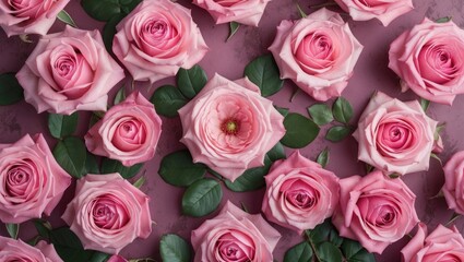 Obraz premium Pink roses arranged artistically on a pink background with green leaves Copy Space