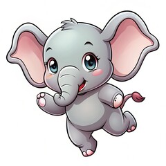 Obraz premium Cute baby elephant cartoon, joyful walk, white background, children's book illustration