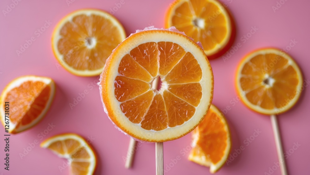 Poster orange fruit slices on pink background with lollipop stick showing juicy inner sections and addition