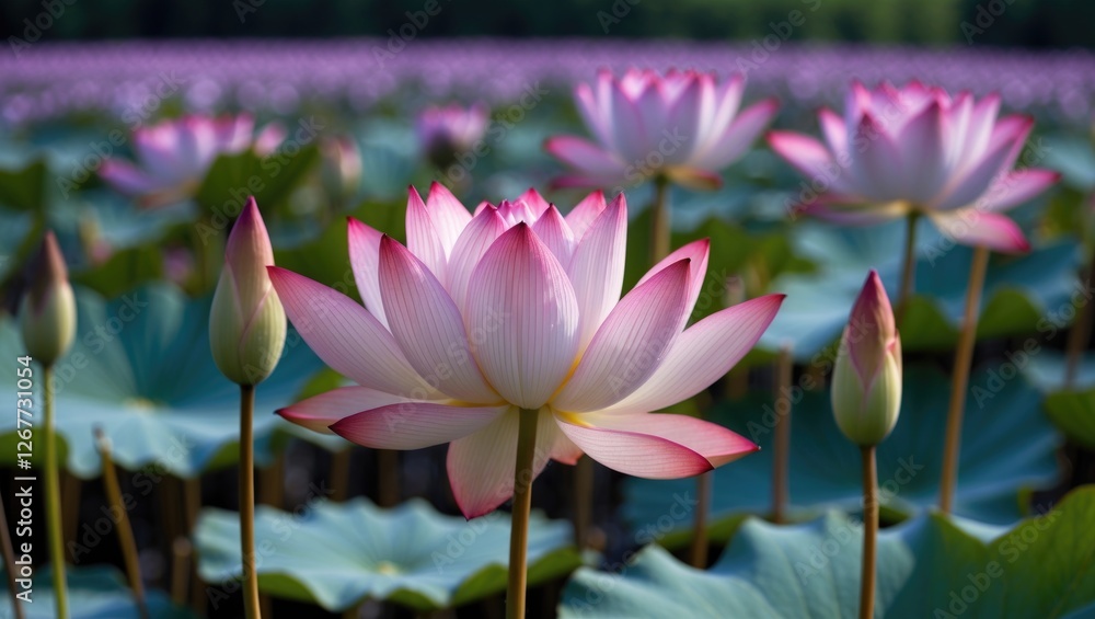 Poster pink lotus flowers in a tranquil pond with lily pads and soft focus background featuring additional 