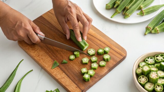 Okra exotic superfood. Cutting fresh okra on a wooden board with additional vegetables in the background.