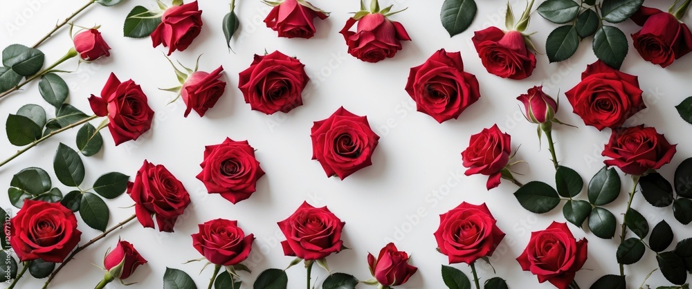 Aufkleber red roses arranged on a white background with greenery and copy space for text placement.