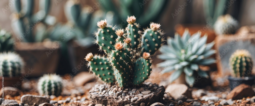 Poster cacti arrangement in a decorative setting with focus on flowering cactus and surrounding succulent p