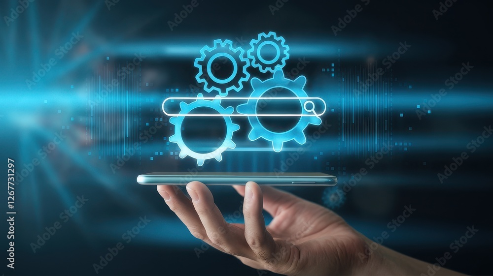 Poster hand holding smartphone displaying gears and search bar interface