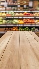 Close up of an unoccupied wooden table ready for fresh produce in a supermarket setting