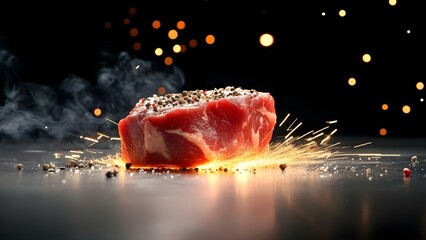 A raw steak surrounded by spices and emitting sparks, set against a dark background with blurred lights. Concept Raw Steak Presentation, Culinary Spices, Dramatic Lighting, Gourmet Photography