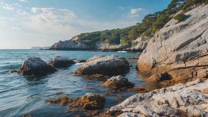 Naklejka premium Rocky coastline with calm ocean water and lush greenery under a bright sky Ideal for nature and landscape themes Copy Space