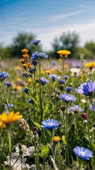 Close-up of a flower meadow in spring or summer, blue sky in the background 