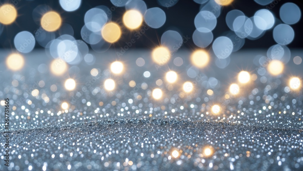 Poster abstract glitter background with soft bokeh lights in gold and blue tones suitable for festive and c