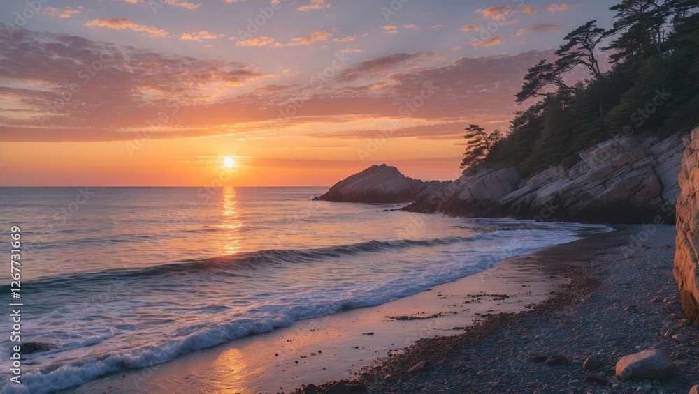 Poster sunset over rocky beach with gentle waves and silhouetted trees in the background providing copy spa