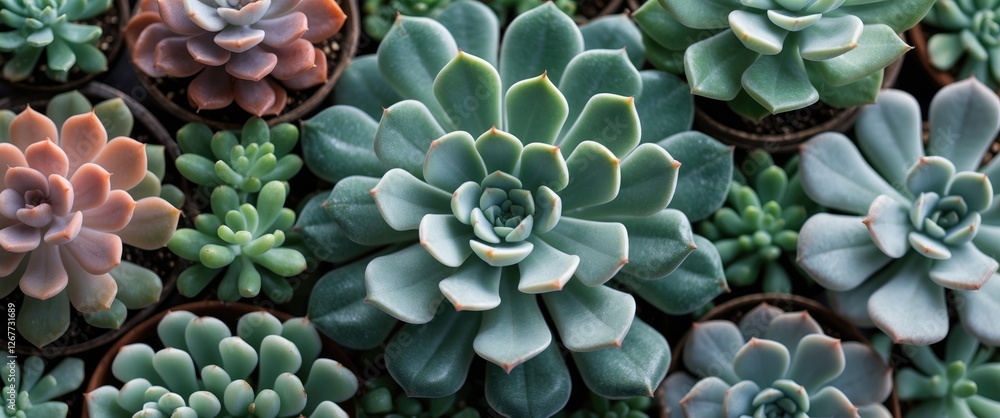 Poster variety of colorful succulent plants in pots viewed from above with ample copy space for text insert