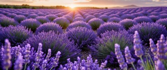 Fototapeta premium Lavender field during sunset with vibrant purple flowers and gentle hills in the background featuring golden light and Copy Space