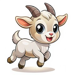 Cute cartoon kid goat leaping, white background, children's book illustration