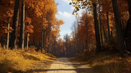 Autumnal forest path, sunlight, fall foliage, nature scene, idyllic landscape, wallpaper