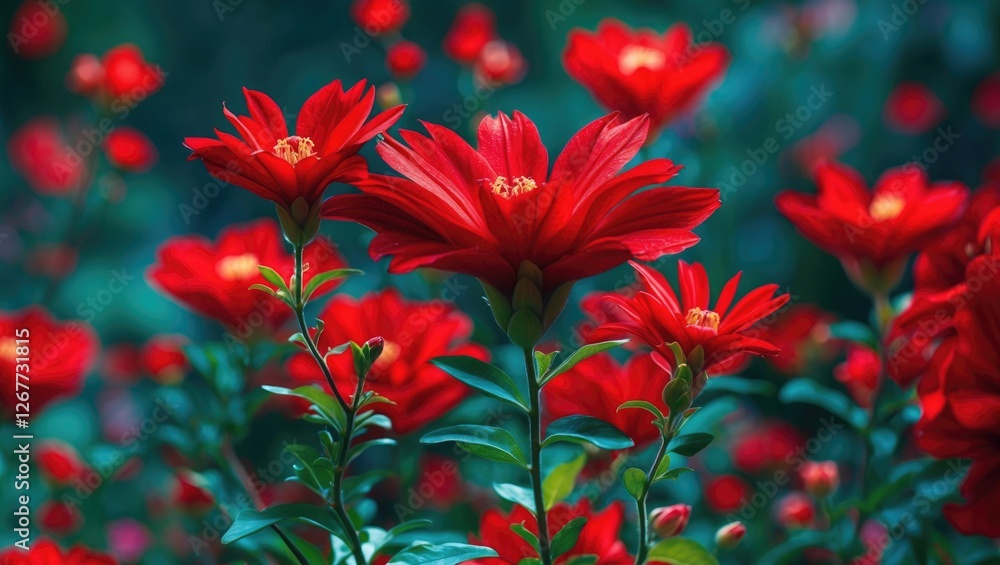 Poster vibrant red flowers in a lush garden setting with blurred background creating depth and texture copy