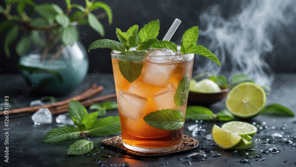 Poster refreshing iced beverage with mint leaves and lime slices on a dark background with copy space for t