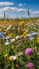 Close-up of a flower meadow in spring or summer, blue sky in the background 