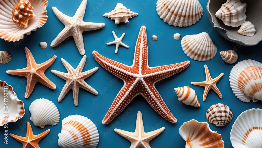 Poster collection of various seashells and starfish on a blue background with ample copy space for text.