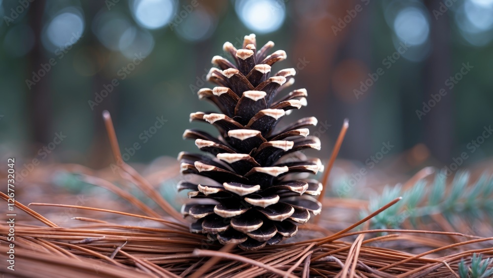 Poster close-up of a pine cone on a bed of pine needles with a blurred forest background and copy space for
