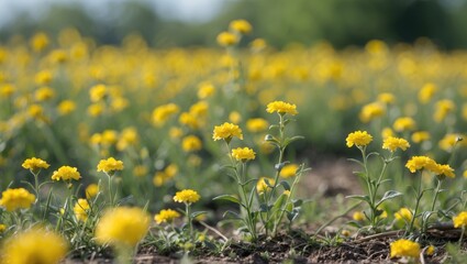 Obraz premium Field of yellow flowers in bloom during sunny day with blurred background of more flowers and green foliage Copy Space