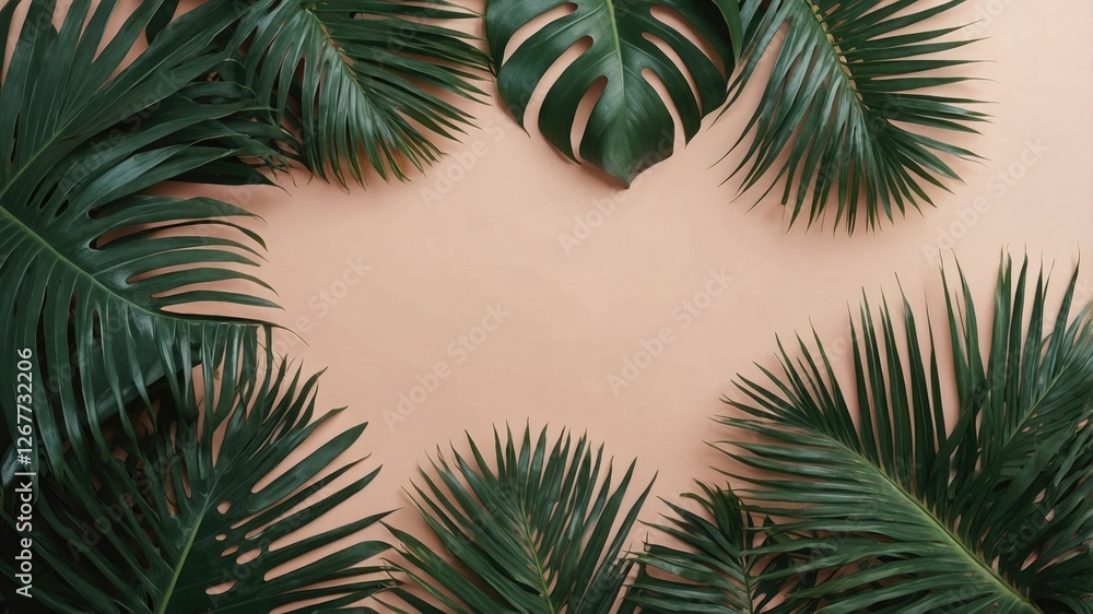 Poster tropical green palm leaves arranged around a light peach background with ample space for text or des