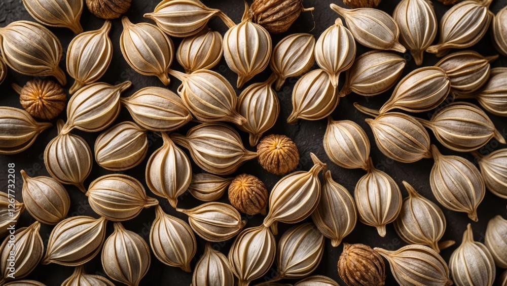 Aufkleber dried aromatic spice seeds on a dark surface with various textures and shapes suitable for culinary 