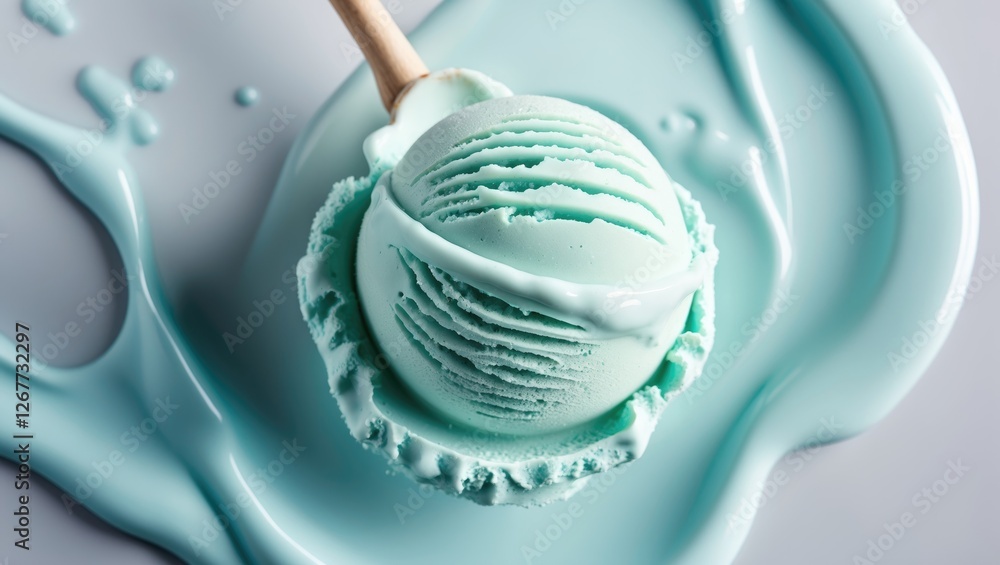 Poster mint ice cream scoop on a light blue melting ice cream background with a wooden stick in a close-up 