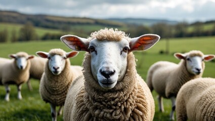 Obraz premium Close-up of a sheep in a green pasture with other sheep in the background under a cloudy sky with mountains visible, Copy Space