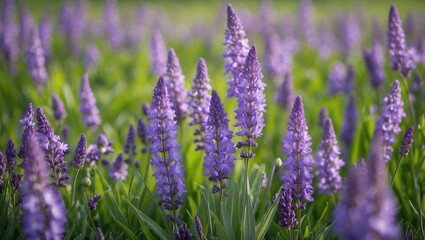 Obraz premium Field of blooming purple flowers with green foliage in soft natural light, focus on flower detail, Copy Space