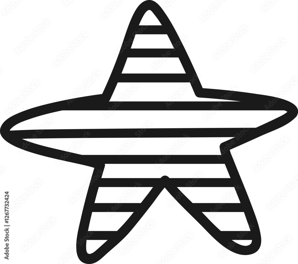 Poster simple black and white drawing of a five pointed star with horizontal stripes forming a decorative p