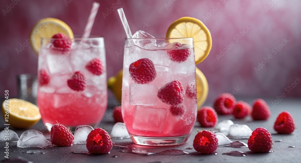 Poster raspberry lemonade cocktails with ice and lemon slices on a decorative background with fresh raspber