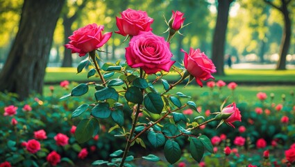 Pink roses in a lush green park setting with blurred background of more roses and trees Copy Space