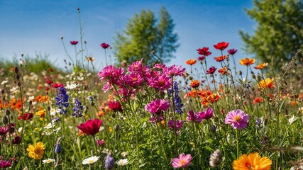 Close-up of a flower meadow in spring or summer, blue sky in the background 
