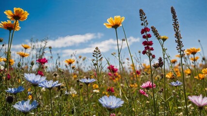 Close-up of a flower meadow in spring or summer, blue sky in the background 