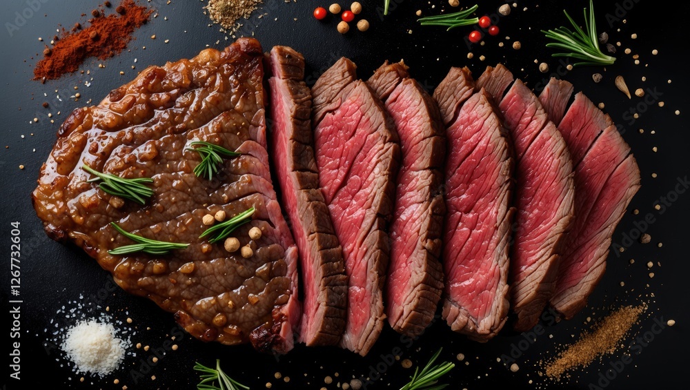 Poster sliced cooked beef steak on a black surface with spices and herbs arranged around it showcasing text
