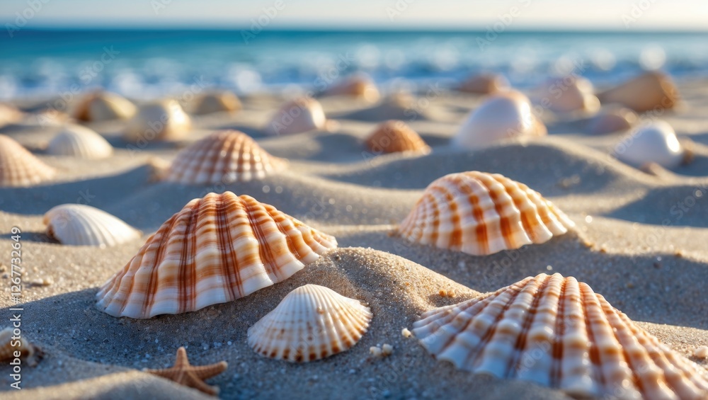 Poster close-up view of various seashells on sandy beach with gentle waves in the background natural textur