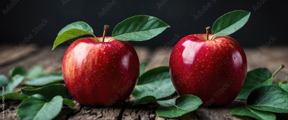 Aufkleber red apples with green leaves on a rustic wooden table background copy space