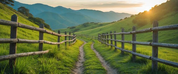 Fototapeta premium Scenic countryside path with wooden fence at sunset surrounded by green hills and mountains Copy Space