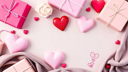 Romantic Valentine's Day Background with Gifts, Hearts, and Flowers