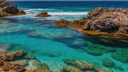 Clear turquoise water with rocky shoreline and waves in the background, showcasing a coastal landscape, Copy Space