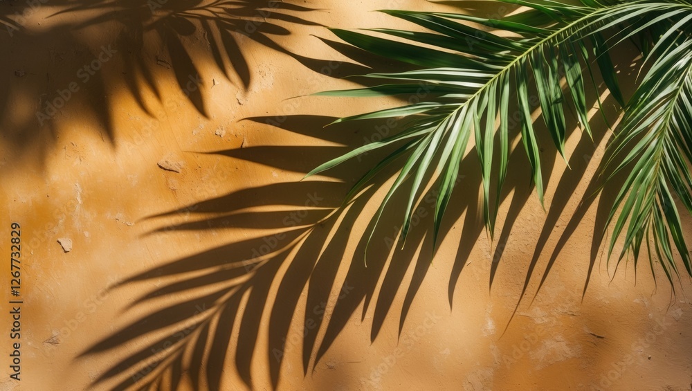 Poster palm leaf shadows on a textured orange wall with natural light creating patterns and depth copy spac