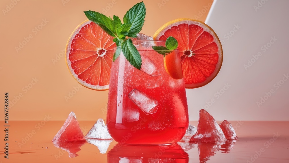 Poster fresh grapefruit cocktail with ice and mint leaves garnished with grapefruit slices on a colorful ba