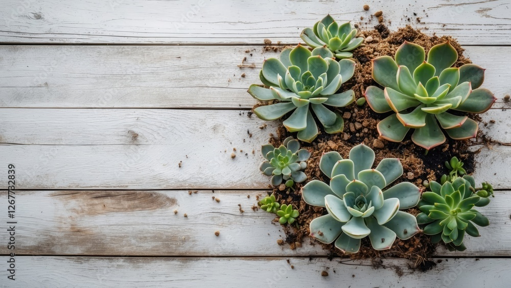 Poster variety of succulents arranged on a wooden surface with soil and empty space for text copy space