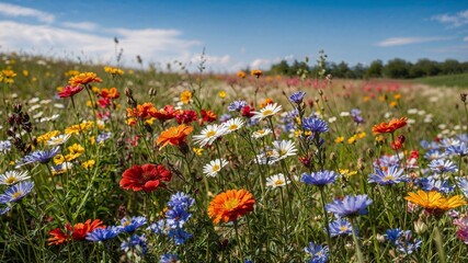 Close-up of a flower meadow in spring or summer, blue sky in the background 