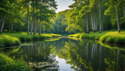Obraz premium Tranquil landscape with lush green trees and a calm reflective river surrounded by vibrant grass Copy Space