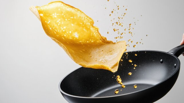 Golden crepe flipping gracefully above a sleek black frying pan