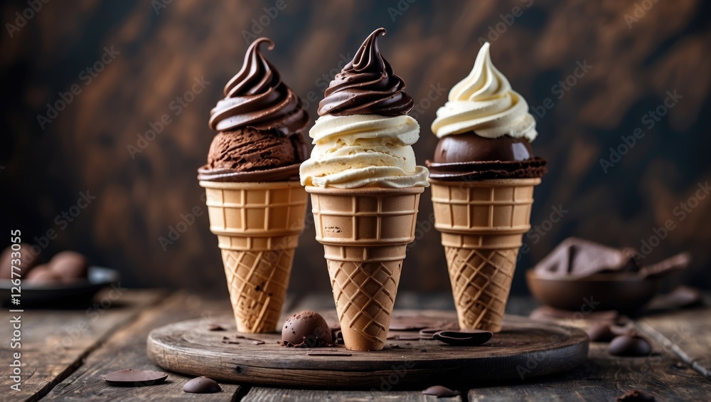 Poster three assorted ice cream cones with chocolate and vanilla flavors on a wooden table with chocolate p
