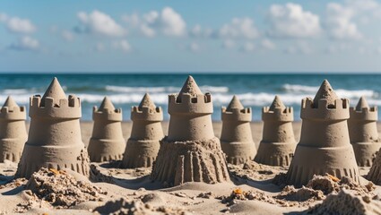 Naklejka premium Sandcastles on a Beach with Ocean Waves in Background and Clear Blue Sky Creativity and Fun in Summer Vacation Copy Space