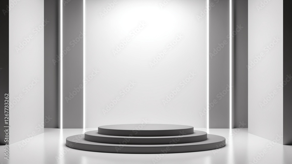 Poster Silver Pedestal of platform display with neon modern stand podium on white room background. Blank Exhibition stage backdrop or empty product shelf. 3D rendering