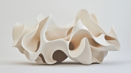 Photograph of a sculpture made of white ceramic. the sculpture is in the shape of a wave-like structure with multiple layers of curved lines and curves.